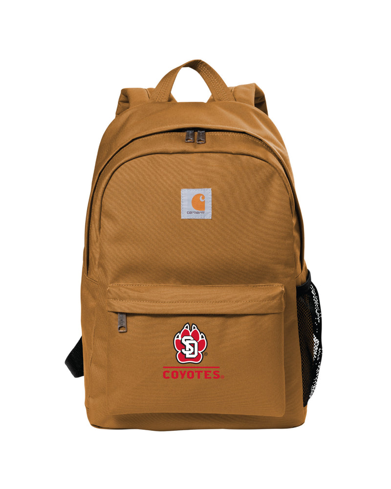 Brown Carhartt backpack with full color SD Paw logo on  front pocket with words, 'COYOTES' underneath