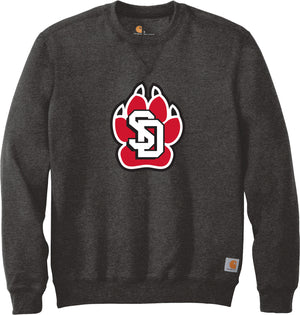 Dark gray Carhartt crew with large red and white SD Paw logo across chest. 