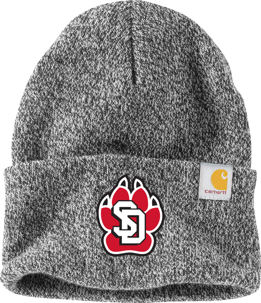 Variegated black and white knit beanie with a red and white SD Paw logo and Carhartt label.