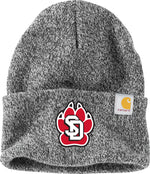 Variegated black and white knit beanie with a red and white SD Paw logo and Carhartt label.