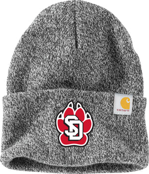 Variegated black and white knit beanie with a red and white SD Paw logo and Carhartt label.