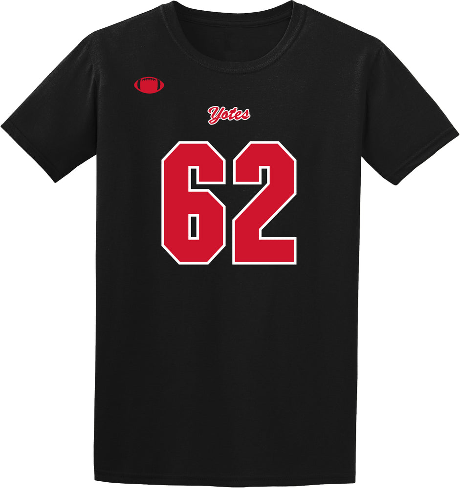 Black unisex tee that looks like a football jersey with red and white number 62 in middle chest and small script, 'Yotes,' above with a small red football to the right upper chest.