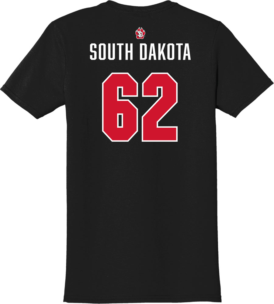 Back of black unisex jersey tee with large number 62 in red and white and white text above, 'SOUTH DAKOTA,' with a small SD Paw logo above.