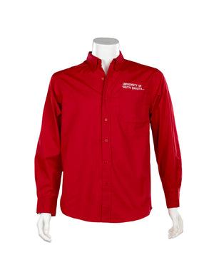 
                
                    Load image into Gallery viewer, Red long sleeve button up with white University of South Dakota in white on left chest 
                
            