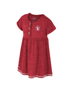 Red toddler girl's dress with three buttons and SD Paw logo on upper left chest.