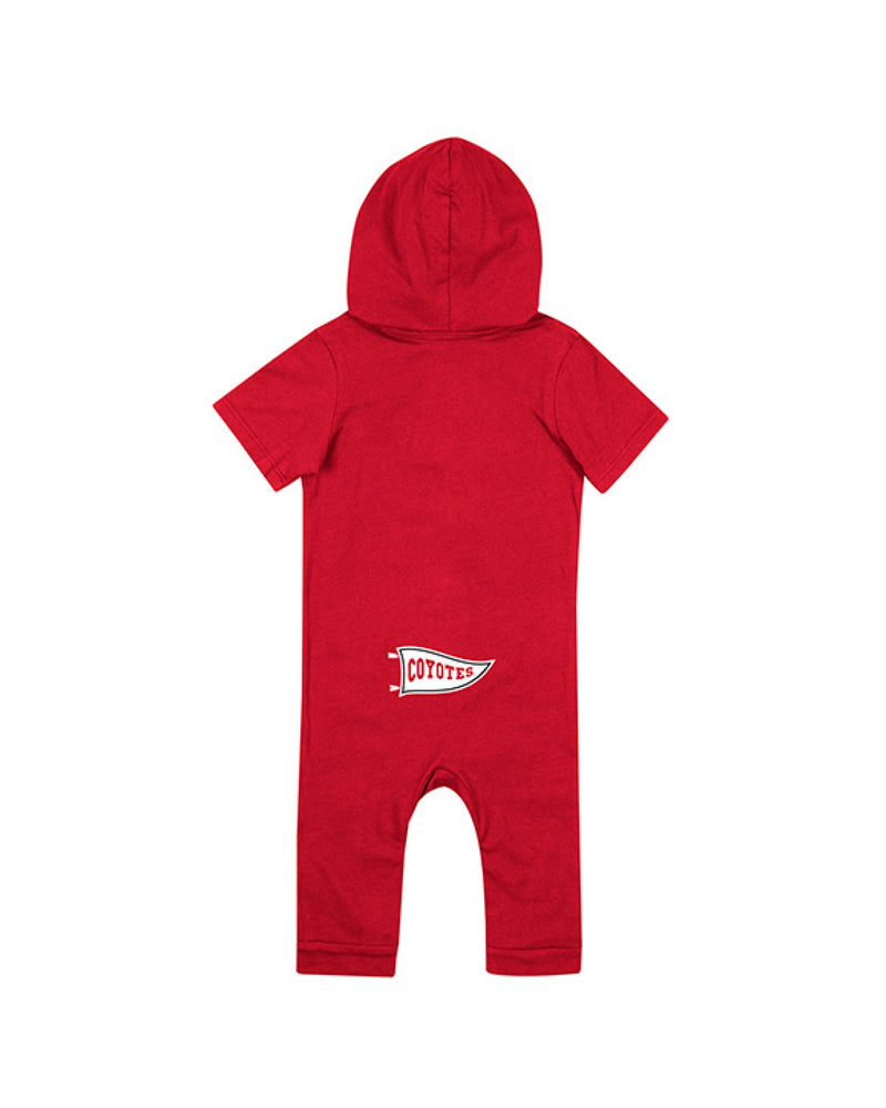 Back of red infant romper with white Coyote flag