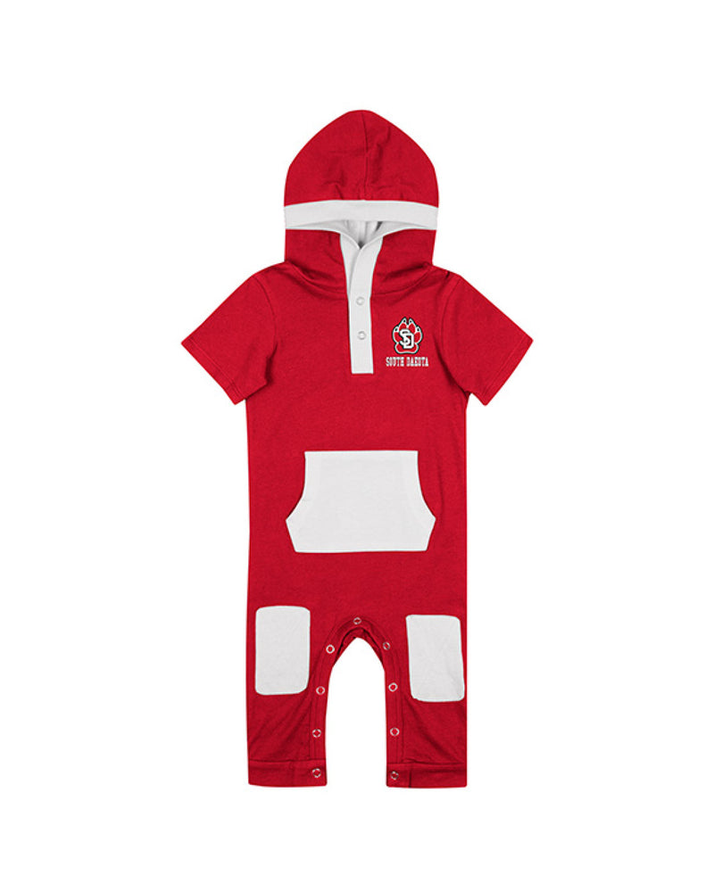 Red infant romper with white patches and SD paw logo on top right chest