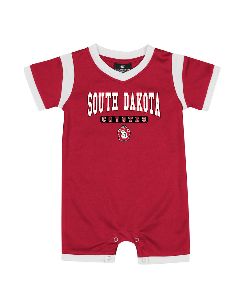 Infant Boys red and white poly jersey romper with text, 'SOUTH DAKOTA COYOTES' and SD Paw logo across chest.