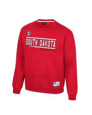 Red men's crew with words, 'SOUTH DAKOTA COYOTES' across the chest in red and white with lines above and below and the SD Paw logo