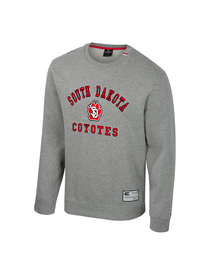 Gray men's crew with red and black, 'SOUTH DAKOTA COYOTES,' and SD Paw logo in the middle. 