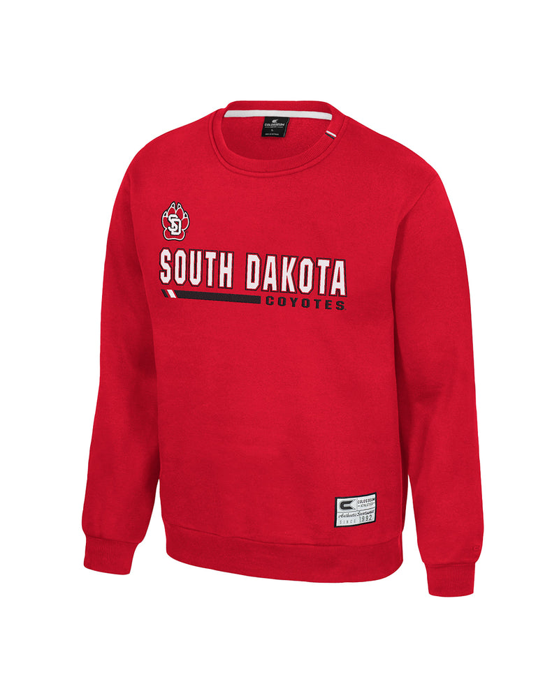Red crew with white tackle twill 'South Dakota Coyotes' and SD Paw logo across chest. 