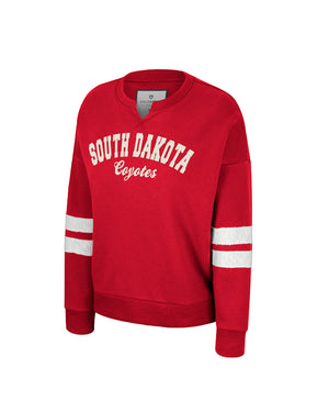 Women's red v-notch crew with two white stripes on sleeves and the words, 'SOUTH DAKOTA Coyotes' across the chest in white 