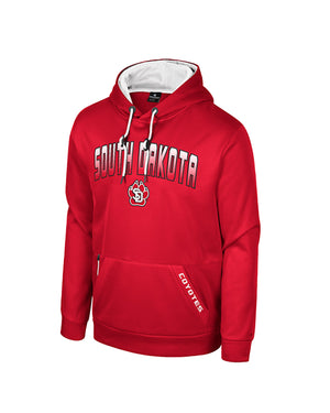 Red men's cotton blend hoodie with words, 'SOUTH DAKOTA' and SD Paw logo across chest and the word, 'COYOTES' across the left edge of pocket in white