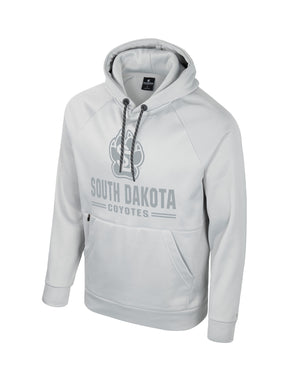 Light gray men's poly hoodie with dark gray SD Paw logo and, 'SOUTH DAKOTA COYOTES,' below.