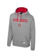 Men's cotton gray fleece hoodie with tackle twill design in red and white, 'SOUTH DAKOTA COYOTES,' with SD Paw logo below and red lined hood.