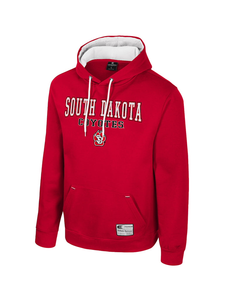 Red hoodie with tackle twill 'South Dakota Coyotes' with SD Paw logo across chest. 