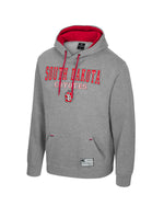 Gray hoodie with red interior and tackle twill 'South Dakota Coyotes' with SD Paw logo across chest. 