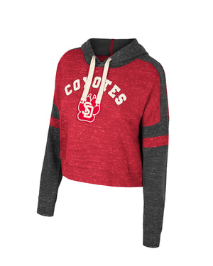 Women's heathered hoodie with red body and dark gray sleeves and hood with, 'COYOTES,' in white across chest and SD Paw logo below.