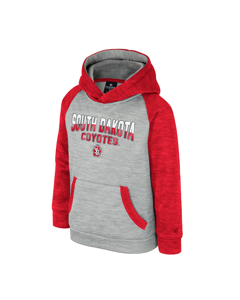 Red and gray toddler hoodie with, 'SOUTH DAKOTA COYOTES,' and small SD Paw logo across chest.