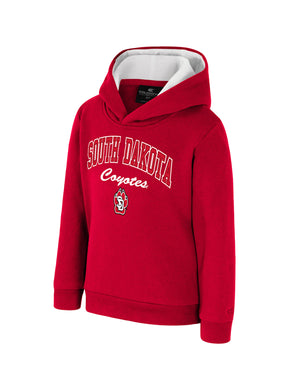 Red cotton toddler hoodie with white hood lining and white, 'SOUTH DAKOTA Coyotes,' with full color SD Paw logo across chest.