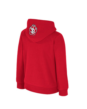 Back of red toddler hoodie with full color SD Paw logo on center of hood.