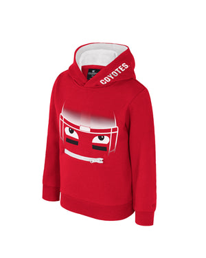 Red toddler hoodie with football player face across chest with zip pocket and white, 'COYOTES' on side of hood.