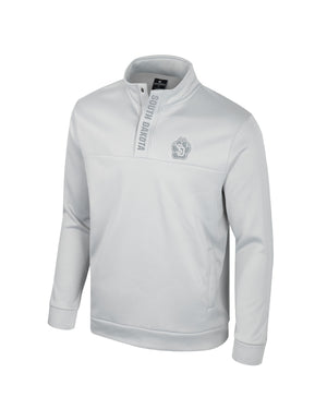 Men's light gray poly quarter snap with dark gray SD Paw logo on upper left chest and 'SOUTH DAKOTA,' going down outer snaps. 