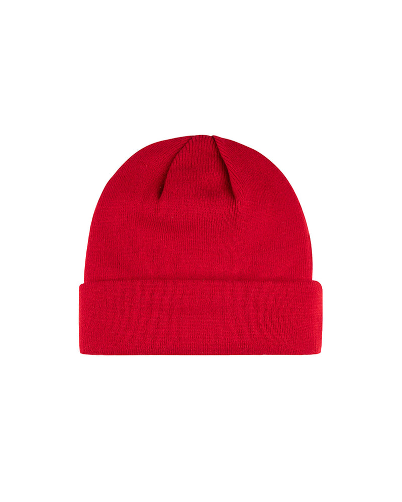 Back of red knitted beanie