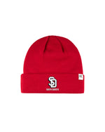 Red knitted beanie with cuff and white SD logo with words, 'SOUTH DAKOTA' underneath