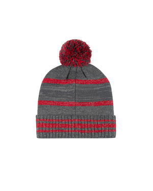 
                
                    Load image into Gallery viewer, Back of red and grey knitted beanie with red pom pom
                
            