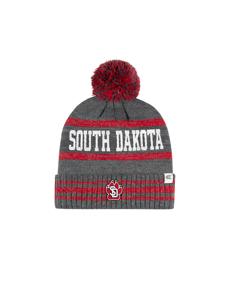 
                
                    Load image into Gallery viewer, Grey and red beanie with red pom pom and white South Dakota lettering and SD paw logo
                
            