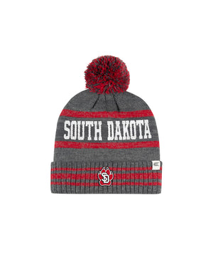 Grey and red beanie with red pom pom and white South Dakota lettering and SD paw logo