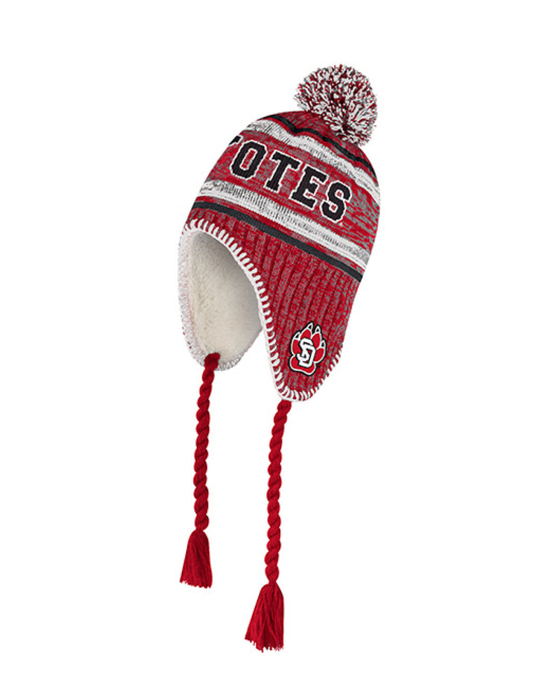 Red, white black and gray earflap beanie with pom pom on top as well as the word COYOTES across the front and the SD Paw logo on the flaps
