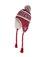 Red, white black and gray earflap beanie with pom pom on top as well as the word COYOTES across the front and the SD Paw logo on the flaps
