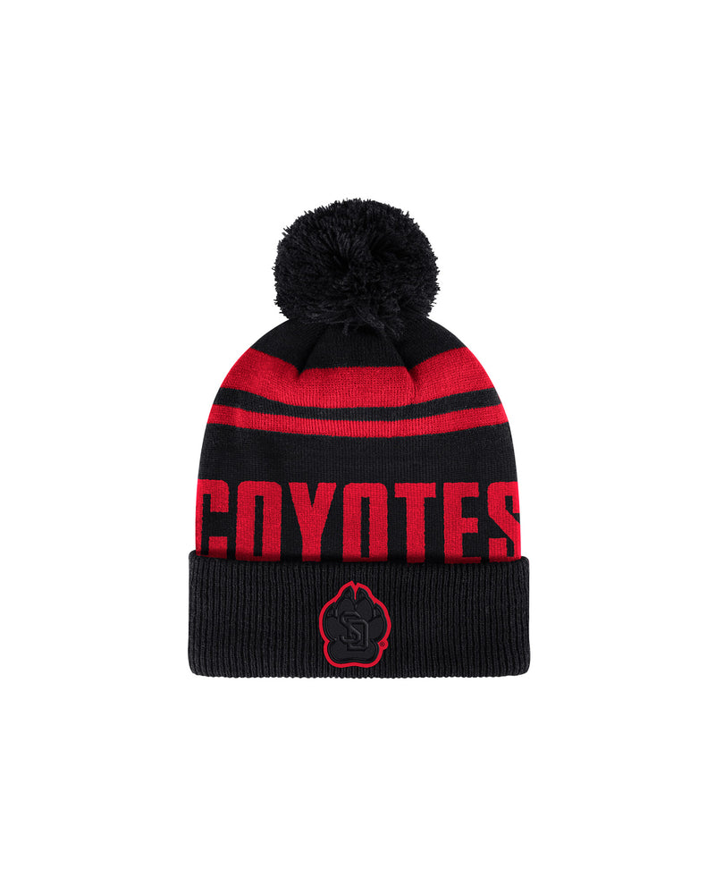Black and red beanie with 'COYOTES' text,  SD Paw logo and black puff on top.