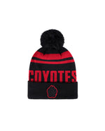 Black and red beanie with 'COYOTES' text,  SD Paw logo and black puff on top.