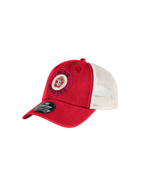 Red and white hat with USD Coyotes and SD paw logo