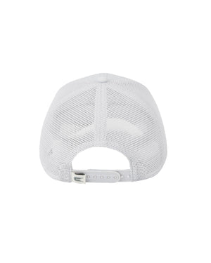 Back of gray mesh back hat showing adjustable snap.