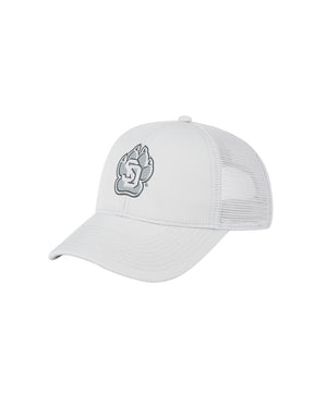 Side view of gray unisex mesh hat with SD Paw logo on front