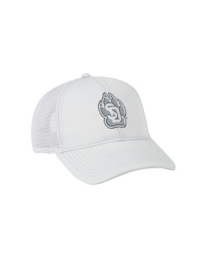 Side view of gray unisex mesh back hat with SD Paw logo on front