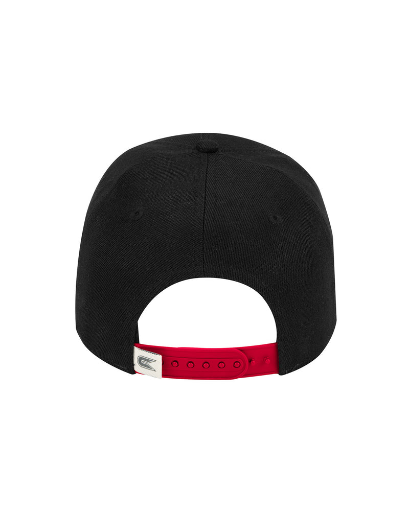 Back of black unisex hat showing adjustable snap strap in red.