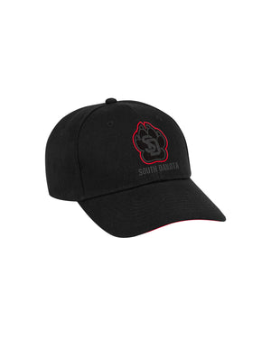 Side view of Black unisex hat with 3D embroidered SD Paw logo in black with thin red outline around paw and black, 'SOUTH DAKOTA,' below.