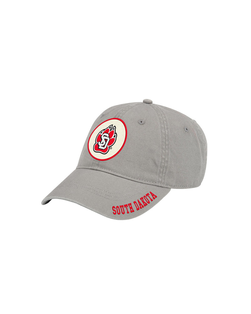 Gray Unisex canvas hat with embroidered patch feature a full color SD Paw on middle front and embroidered red, 'SOUTH DAKOTA,' along right edge of bill.