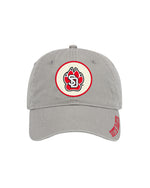 Gray Unisex canvas hat with embroidered patch feature a full color SD Paw on middle front and embroidered red, 'SOUTH DAKOTA,' along right edge of bill.