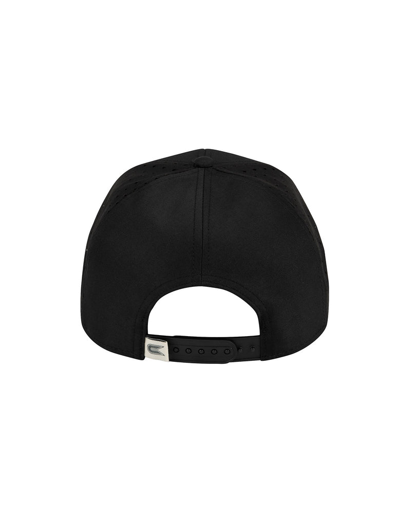 Back of black hat showing adjustable snap 