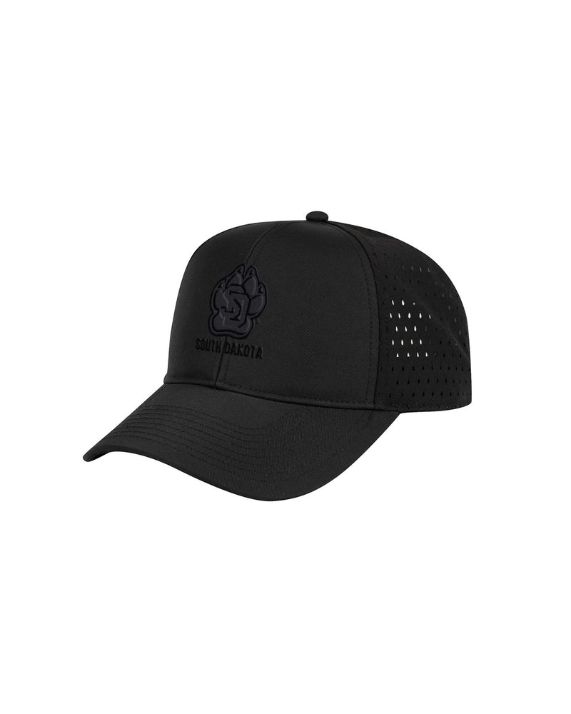 Black unisex hat with black 3D embroidery SD Paw logo with, 'SOUTH DAKOTA,' below it