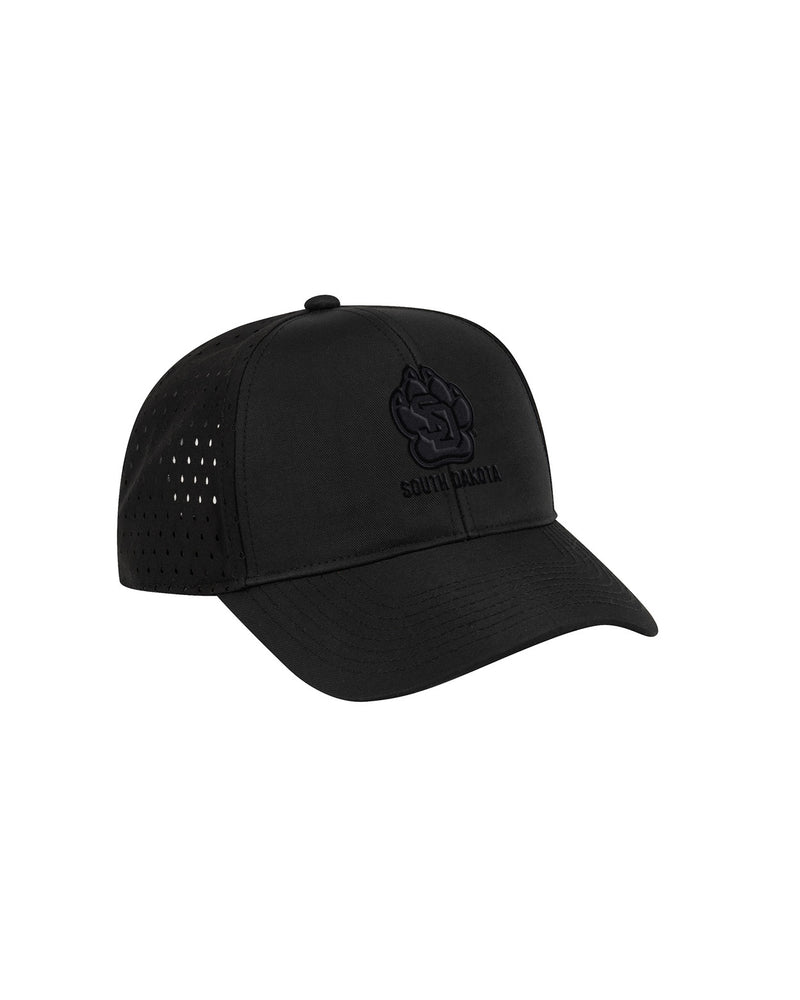 Black unisex hat with black 3D embroidery SD Paw logo with, 'SOUTH DAKOTA,' below it