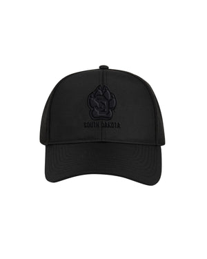 Black unisex hat with black 3D embroidery SD Paw logo with, 'SOUTH DAKOTA,' below it