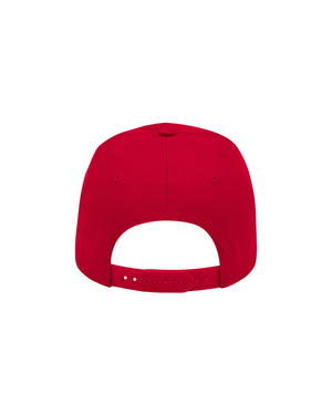 Back view of red cap showing adjustable snap back.