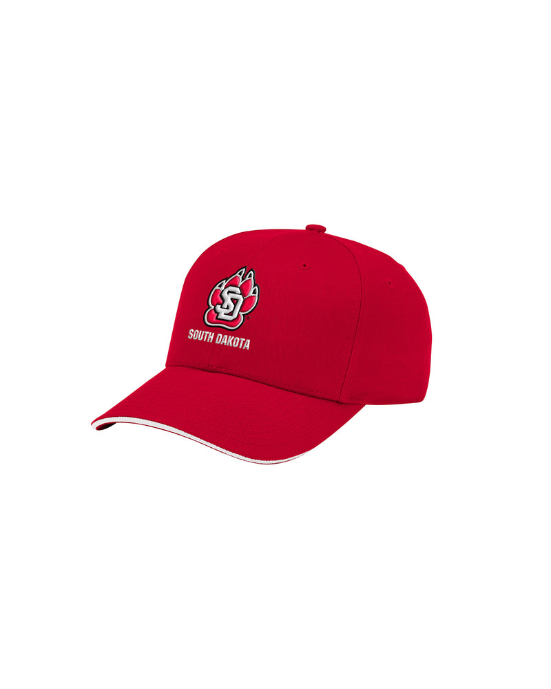 Red cap with SD Paw logo and 'South Dakota' underneath embroidered on front.